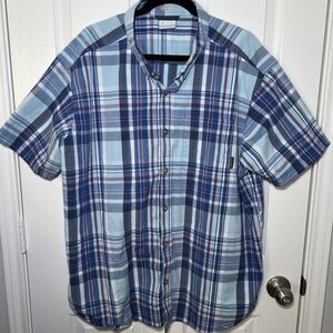Columbia Men's Short Sleeve Button Up Shirt XXL 2XL Plaid Blue Red Regular Fit